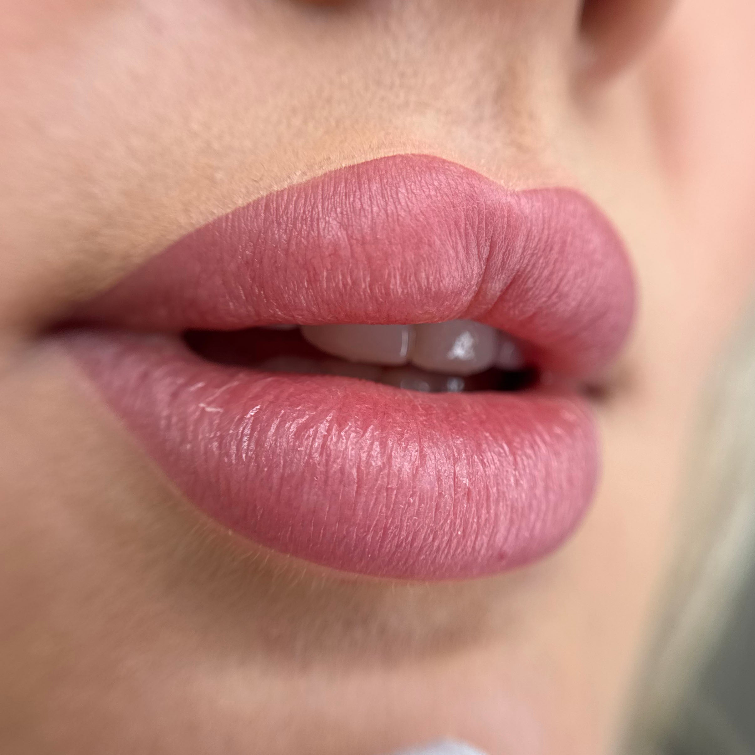Healed lip blush results after a single PMU procedure showing even pigment retention and natural lip texture